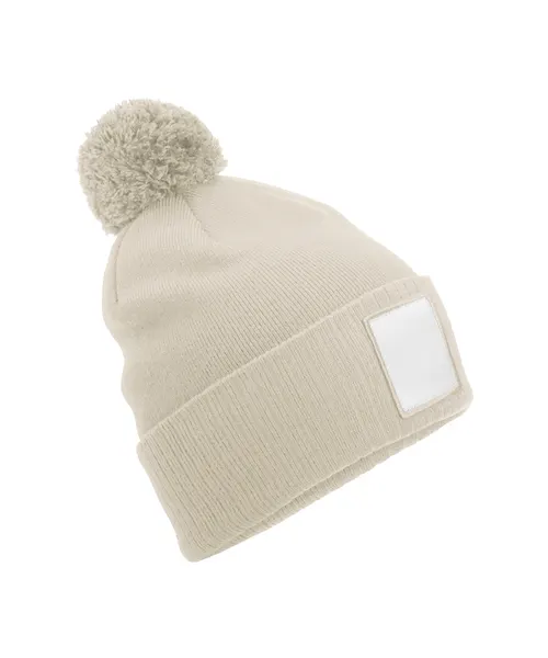 Beechfield Appliqué patch pom beanie in beige & natural, style B338R