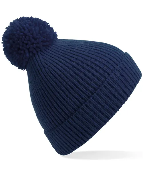 Beechfield Engineered knit ribbed pom pom beanie in navy, style BC382
