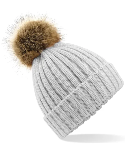 Beechfield Fur pop pom chunky beanie in grey, style BC412