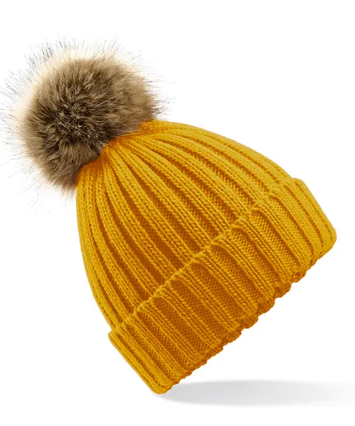 Beechfield Fur pop pom chunky beanie in yellow, style BC412