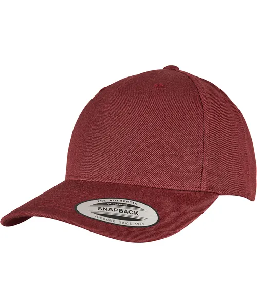 Flexfit by Yupoong YP classics 5-panel premium curved visor snapback cap in burgundy, style 5789M