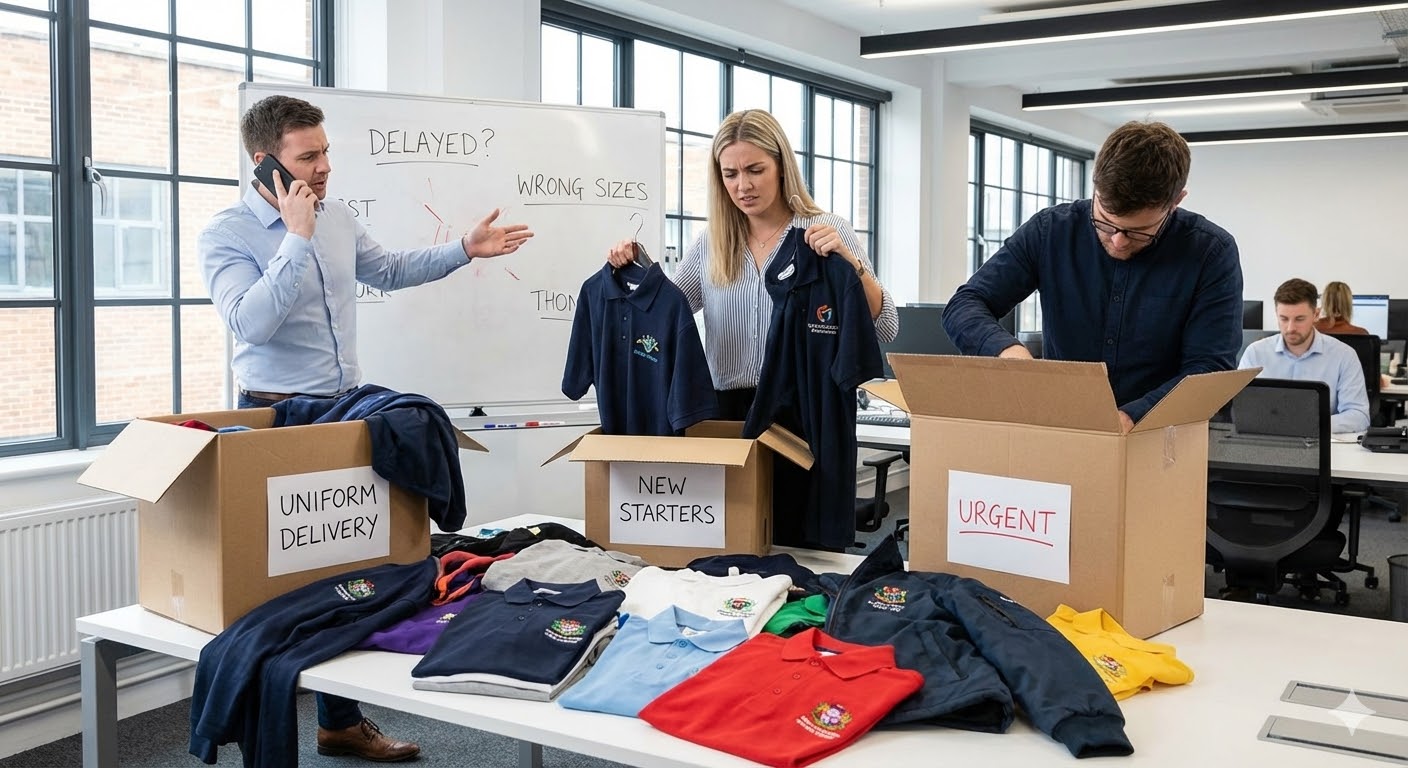 BR Apparel garment showroom with uniform samples and consultation area