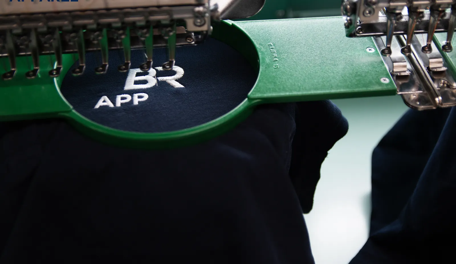 BR Apparel logo embroidered in the hoop on a machine at the Bradford unit
