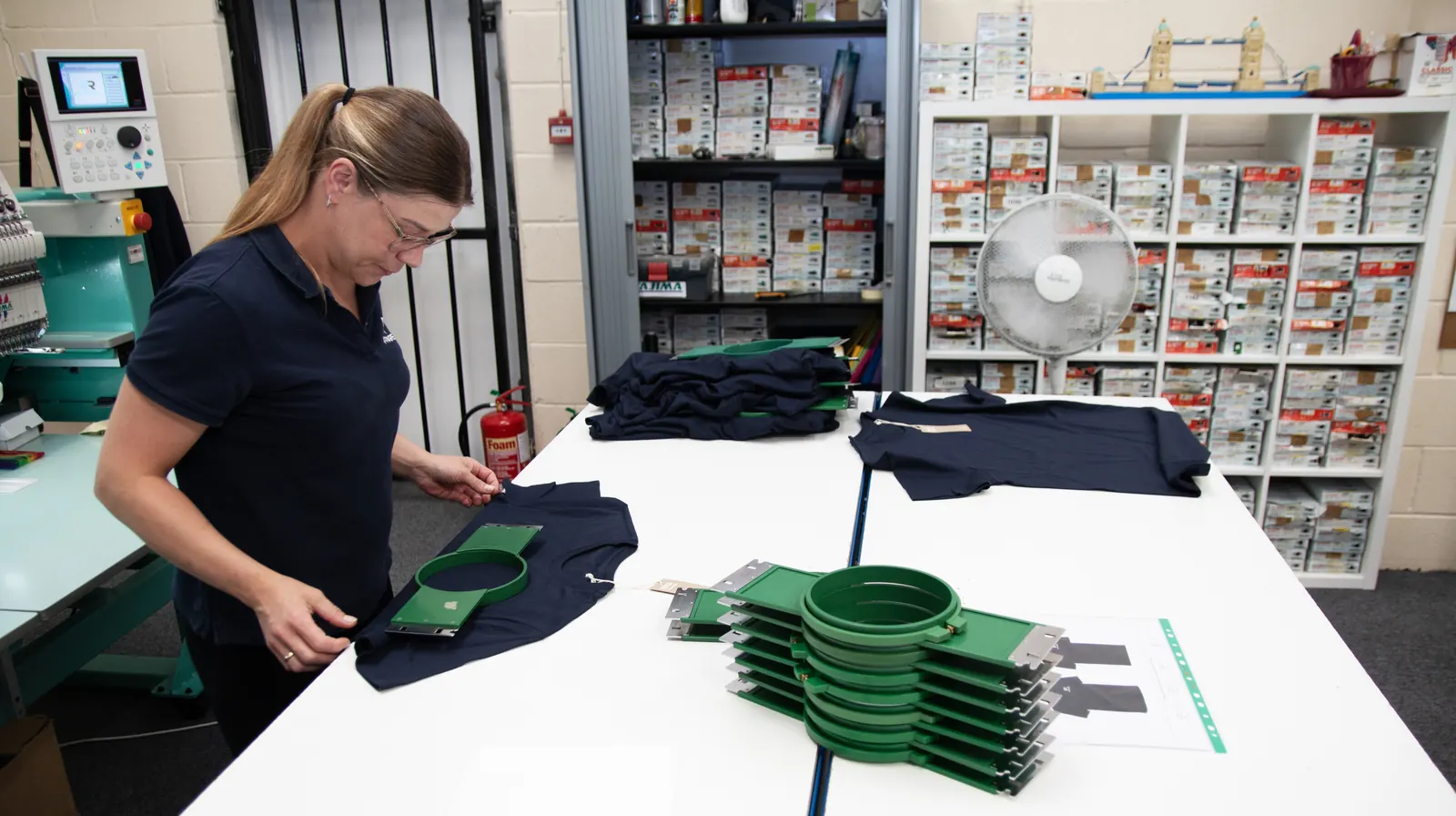 Garments hooped and prepared for embroidery at BR Apparel in Bradford