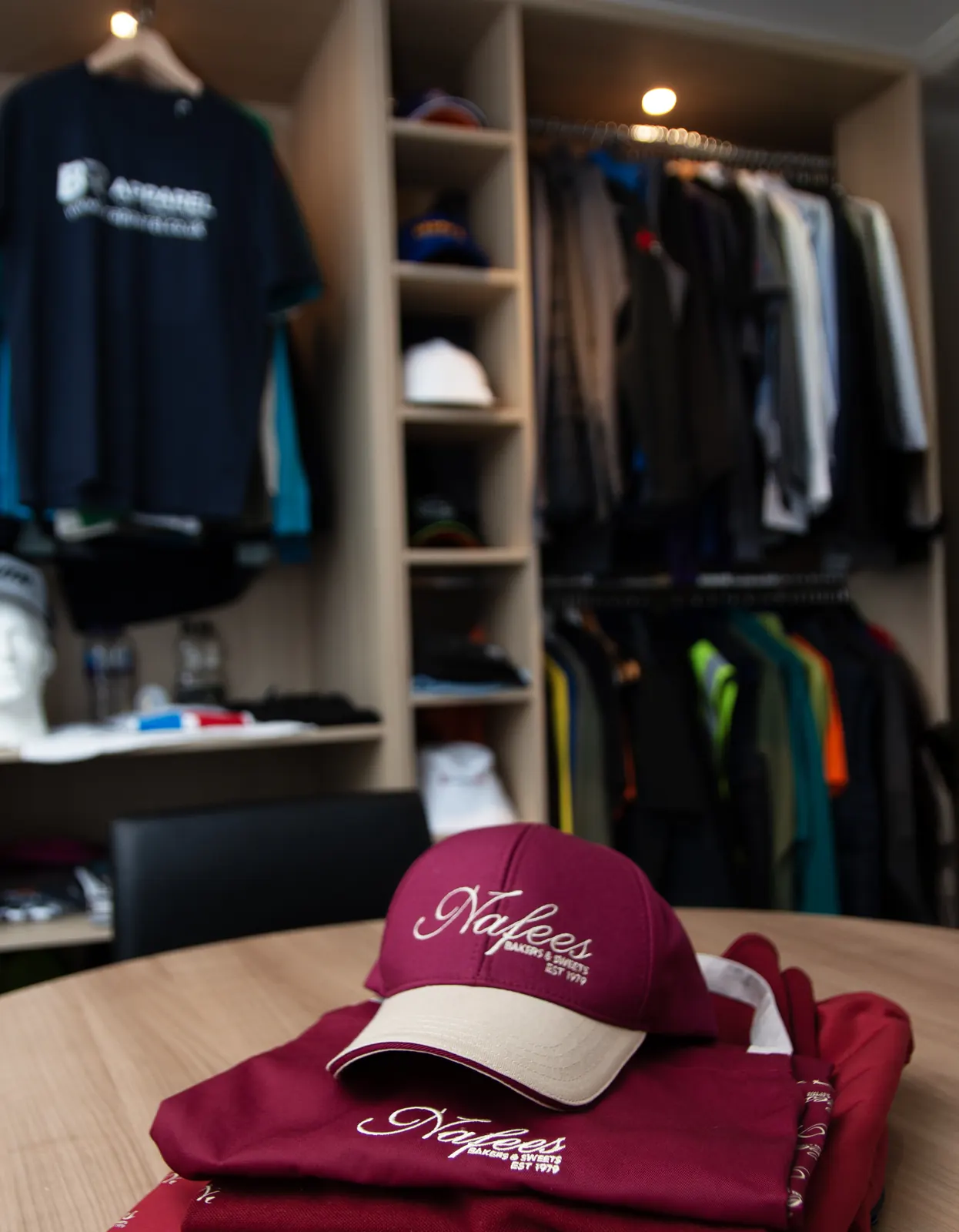 Folded branded hospitality uniforms and cap in the BR Apparel showroom