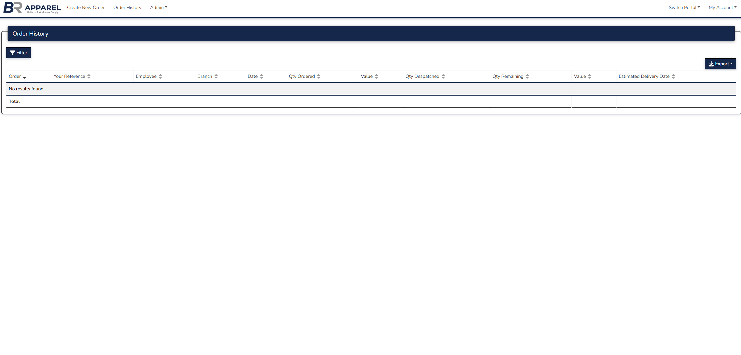 Order history screen showing the filterable order log with despatch tracking