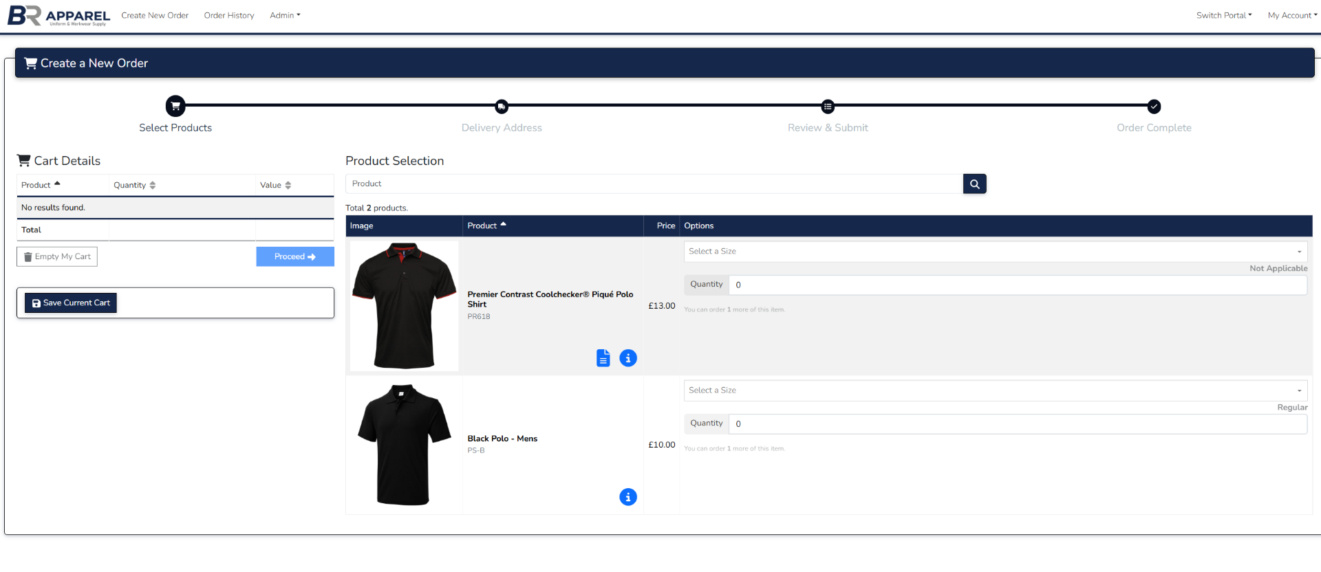 Product selection step with size, fit and quantity controls for approved garments