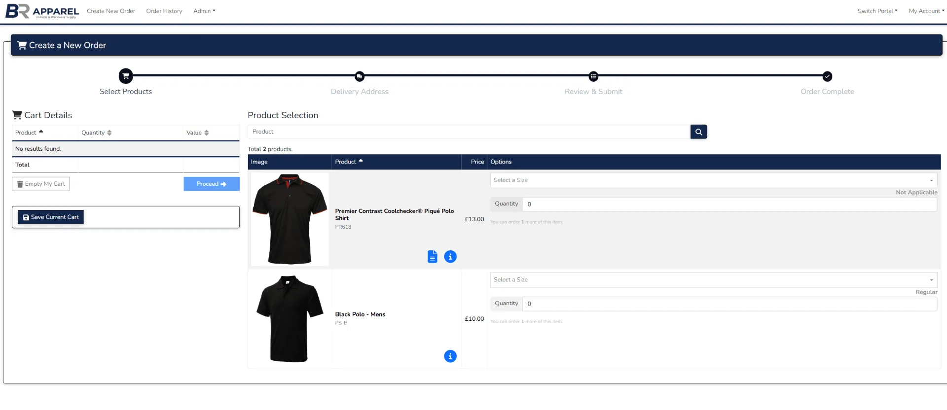 Product selection step with size, fit and quantity controls for approved garments