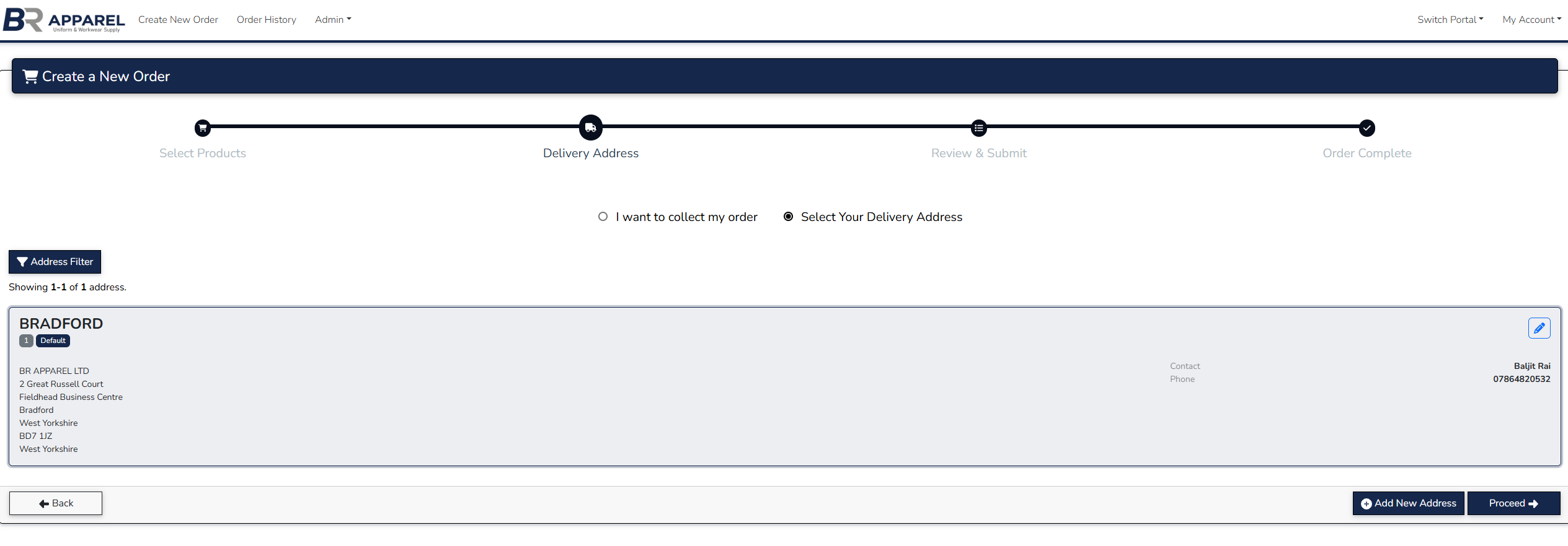 Saved addresses screen showing a default Bradford site