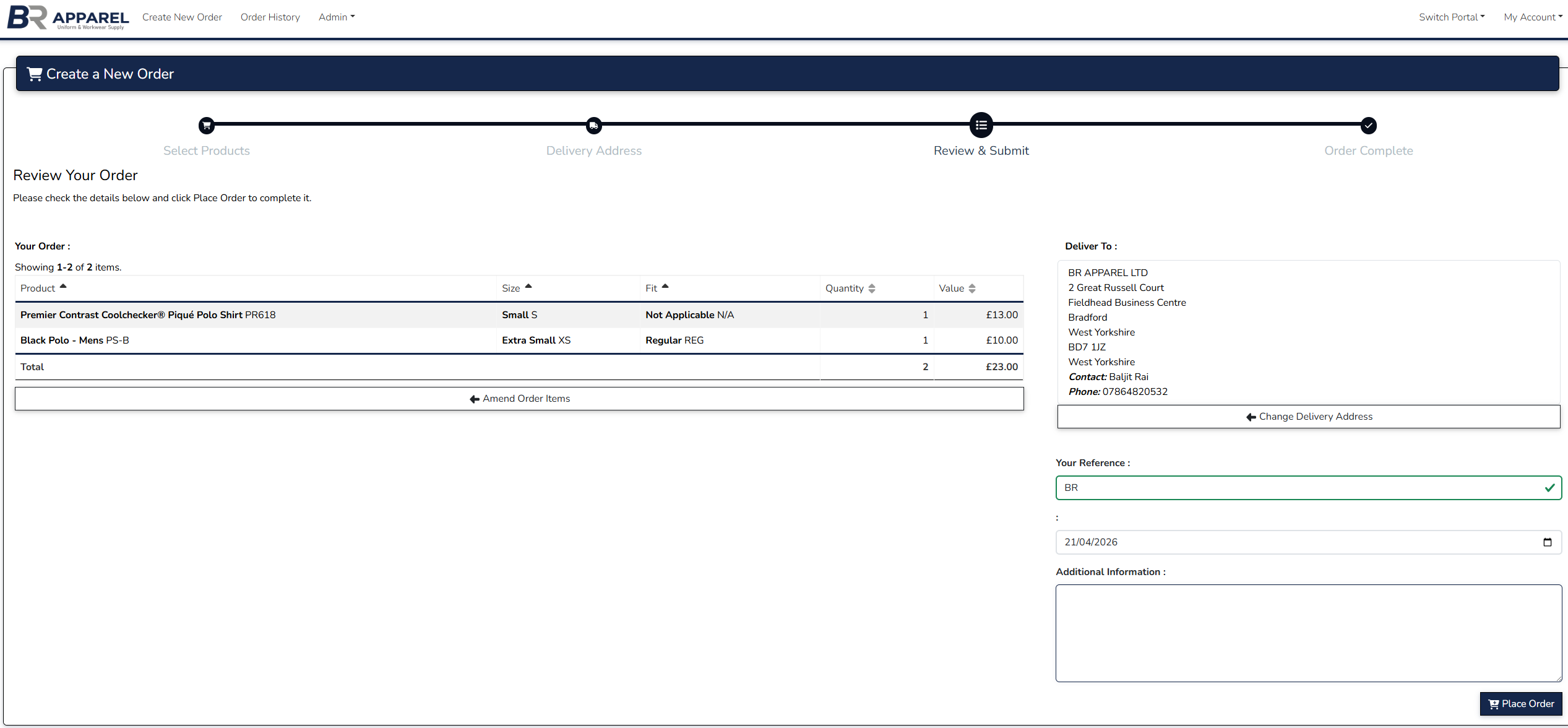Order review screen with items, delivery address, reference field and required date