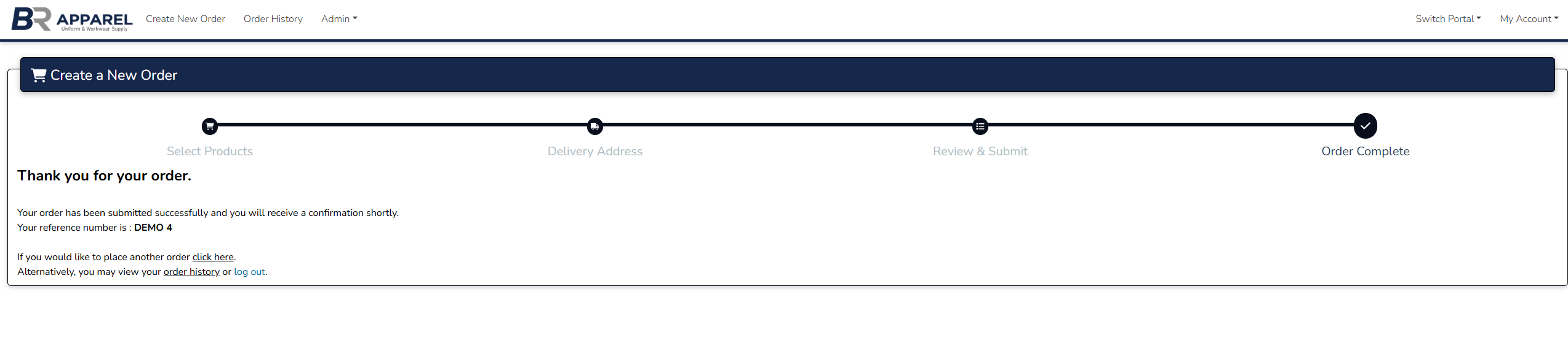 Order complete screen with a thank-you message and reference number